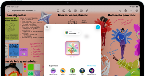 iPad Air, parte frontal, orientación horizontal, botones de volumen, botón de encendido, la pantalla muestra una interfaz de app colorida con varios íconos