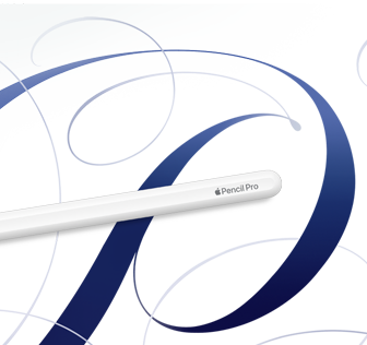 Apple Pencil Pro blanco sobre un fondo blanco con ondulaciones azules
