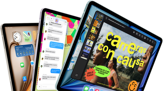 Pantallas de tres iPad Air dispuestos en forma de abanico, colores: azul, morado, blanco estelar, parte frontal, parte lateral, las apps que se muestran en la pantalla incluyen Keynote, Mensajes y la pantalla de inicio