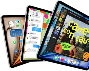 Pantallas de tres iPad Air dispuestos en forma de abanico, colores: azul, morado, blanco estelar, parte frontal, parte lateral, las apps que se muestran en la pantalla incluyen Keynote, Mensajes y la pantalla de inicio