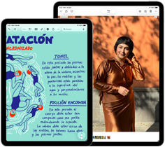 Dos iPad Air, tamaños: 11 pulgadas y 13 pulgadas, el iPad Air de 11 pulgadas muestra texto colorido en la app Notas, la pantalla del iPad Air de 13 pulgadas muestra la foto de una persona en la app Fotos